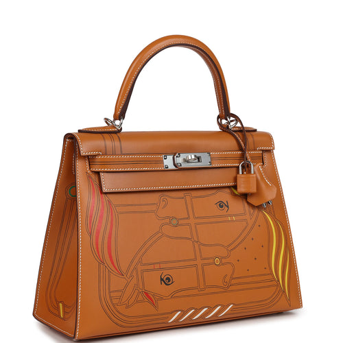 Hermes Kelly Sellier 28 "Painted Quadrige" Naturel Sable Butler Palladium Hardware