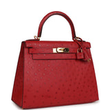 Pre-owned Hermes Kelly Sellier 28 Rouge Vif Ostrich Gold Hardware