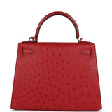Pre-owned Hermes Kelly Sellier 28 Rouge Vif Ostrich Gold Hardware