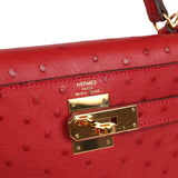 Pre-owned Hermes Kelly Sellier 28 Rouge Vif Ostrich Gold Hardware