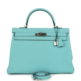 Pre-owned Hermes Kelly Retourne 35 Bleu Atoll Clemence Palladium Hardware