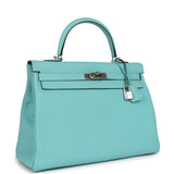 Pre-owned Hermes Kelly Retourne 35 Bleu Atoll Clemence Palladium Hardware