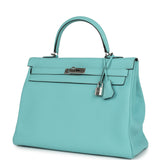 Pre-owned Hermes Kelly Retourne 35 Bleu Atoll Clemence Palladium Hardware