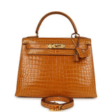 Vintage Hermes Kelly Sellier 28 Saffron Porosus Crocodile Gold Hardware