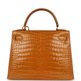 Vintage Hermes Kelly Sellier 28 Saffron Porosus Crocodile Gold Hardware