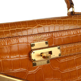 Vintage Hermes Kelly Sellier 28 Saffron Porosus Crocodile Gold Hardware