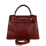 Vintage Hermes Kelly Sellier 28 Rouge H Box Palladium Hardware