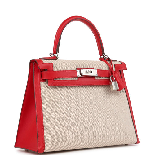Pre-owned Hermes Kelly Sellier 28 Rouge De Coeur Swift and Beige-Ecru Toile H Canvas Palladium Hardware