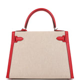 Pre-owned Hermes Kelly Sellier 28 Rouge De Coeur Swift and Beige-Ecru Toile H Canvas Palladium Hardware
