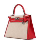 Pre-owned Hermes Kelly Sellier 28 Rouge De Coeur Swift and Beige-Ecru Toile H Canvas Palladium Hardware