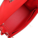 Pre-owned Hermes Kelly Sellier 28 Rouge De Coeur Swift and Beige-Ecru Toile H Canvas Palladium Hardware