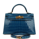 Hermes Kelly Sellier 20 Bleu Mykonos Shiny Alligator Gold Hardware
