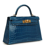 Hermes Kelly Sellier 20 Bleu Mykonos Shiny Alligator Gold Hardware