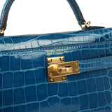 Hermes Kelly Sellier 20 Bleu Mykonos Shiny Alligator Gold Hardware