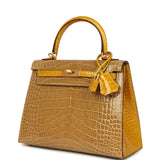 Hermes Special Order (HSS) Kelly Sellier 25 Beige Sable and Jaune Ambre Shiny Alligator Mississpiensis Brushed Gold Hardware
