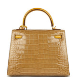 Hermes Special Order (HSS) Kelly Sellier 25 Beige Sable and Jaune Ambre Shiny Alligator Mississpiensis Brushed Gold Hardware