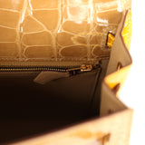 Hermes Special Order (HSS) Kelly Sellier 25 Beige Sable and Jaune Ambre Shiny Alligator Mississpiensis Brushed Gold Hardware