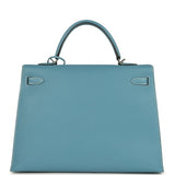Vintage Hermes Kelly Sellier 35 Blue Jean Epsom Palladium Hardware