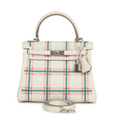 Hermes Kelly Retourne 25 "Tartan Light" Gris Pale, Vert Moyen and Bubblegum Swift Palladium Hardware