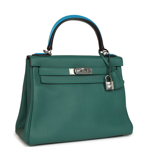 Pre-owned Hermes Au Pas Kelly Retourne 28 Malachite Togo, Black, Bleu Zanzibar Evercolor and Box Palladium Hardware