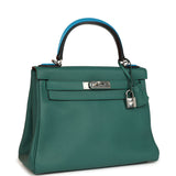 Pre-owned Hermes Au Pas Kelly Retourne 28 Malachite Togo, Black, Bleu Zanzibar Evercolor and Box Palladium Hardware
