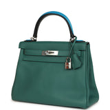 Pre-owned Hermes Au Pas Kelly Retourne 28 Malachite Togo, Black, Bleu Zanzibar Evercolor and Box Palladium Hardware