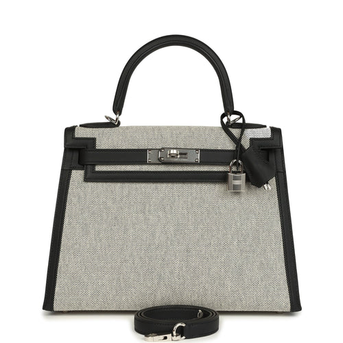 Hermes Kelly Sellier 28 Black Swift and Ecru-Black Toile H Canvas Palladium Hardware
