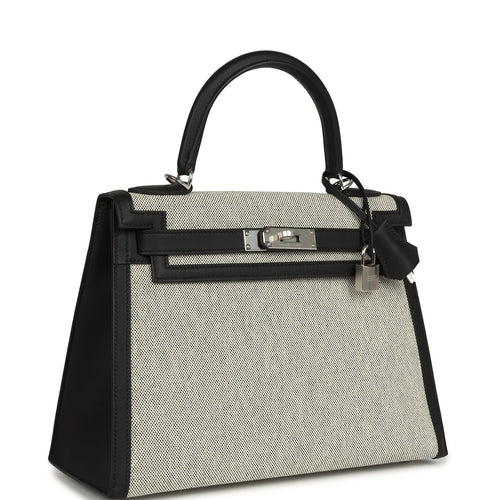 Hermes Kelly Sellier 28 Black Swift and Ecru-Black Toile H Canvas Palladium Hardware