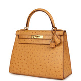 Pre-owned Hermes Kelly Sellier 28 Tabac Camel Ostrich Gold Hardware