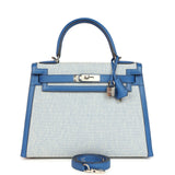 Pre-owned Hermes Kelly Sellier 28 Bleu France Swift and Ecru-Bleu Bill Toile H Canvas Palladium Hardware