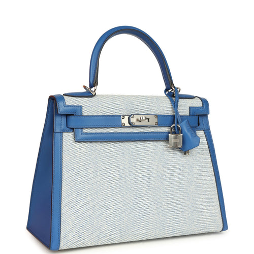 Pre-owned Hermes Kelly Sellier 28 Bleu France Swift and Ecru-Bleu Bill Toile H Canvas Palladium Hardware