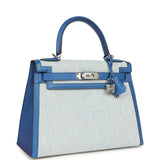 Pre-owned Hermes Kelly Sellier 28 Bleu France Swift and Ecru-Bleu Bill Toile H Canvas Palladium Hardware