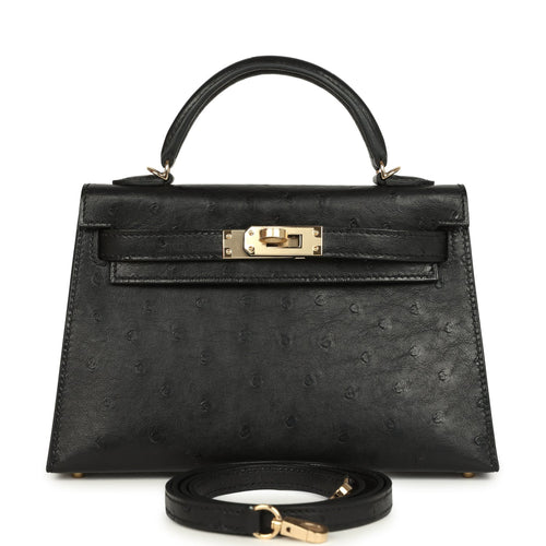 Hermes Kelly Sellier 20 Black Ostrich Permabrass Hardware