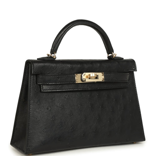 Hermes Kelly Sellier 20 Black Ostrich Permabrass Hardware