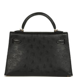 Hermes Kelly Sellier 20 Black Ostrich Permabrass Hardware