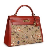 Vintage Hermes "Kimono" Kelly Sellier 32 Brique Box and Embroidered Silk Gold Hardware