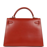 Vintage Hermes "Kimono" Kelly Sellier 32 Brique Box and Embroidered Silk Gold Hardware