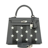 Hermes Kelly Sellier 25 Casaque Etoilee Ardoise Epsom, Black Tadelakt and Vert Peppermint Chevre Mysore Palladium Hardware