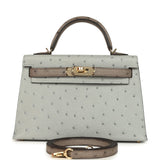 Hermes Special Order (HSS) Kelly Sellier 20 Bleu Glacier and Gris Tourterelle Ostrich Permabrass Hardware