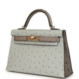 Hermes Special Order (HSS) Kelly Sellier 20 Bleu Glacier and Gris Tourterelle Ostrich Permabrass Hardware