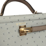 Hermes Special Order (HSS) Kelly Sellier 20 Bleu Glacier and Gris Tourterelle Ostrich Permabrass Hardware
