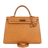 Pre-owned Hermes Kelly Sellier 35 Cognac Ostrich Gold Hardware