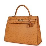 Pre-owned Hermes Kelly Sellier 35 Cognac Ostrich Gold Hardware