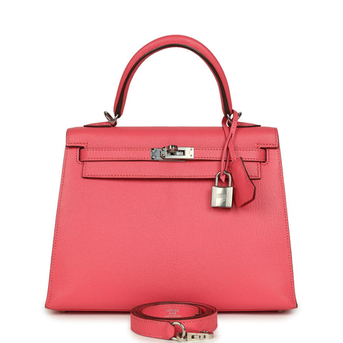 Pre-owned Hermes Kelly Sellier 25 Rose Lipstick Chevre Mysore Palladium Hardware