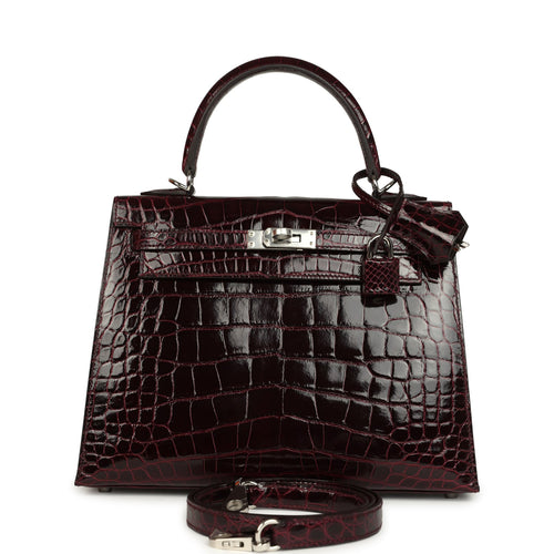 Hermes Kelly Sellier 25 Bordeaux Shiny Alligator Palladium Hardware