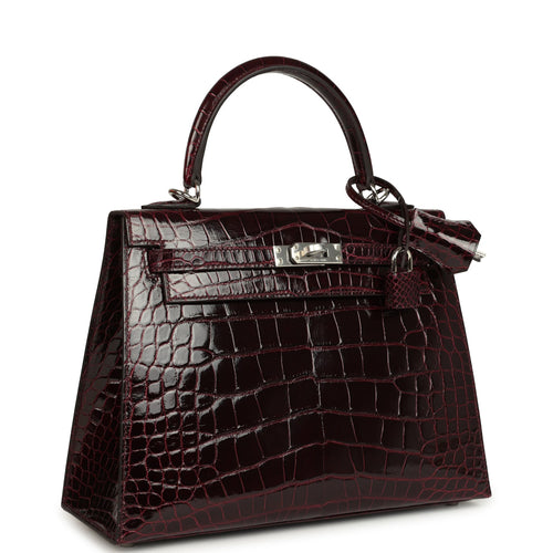 Hermes Kelly Sellier 25 Bordeaux Shiny Alligator Palladium Hardware