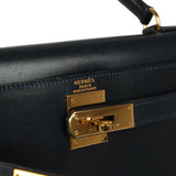 Vintage Hermes Kelly Sellier 28 Bleu Marine Box Gold Hardware