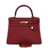 Pre-owned Hermes Kelly Retourne 28 Rouge Grenat Togo Gold Hardware