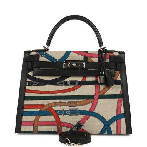 Pre-owned Hermes Kelly Sellier 32 Ficelle-Multicolor Toile De Camp Cavalcadour and Black Swift Palladium Hardware