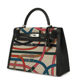 Pre-owned Hermes Kelly Sellier 32 Ficelle-Multicolor Toile De Camp Cavalcadour and Black Swift Palladium Hardware